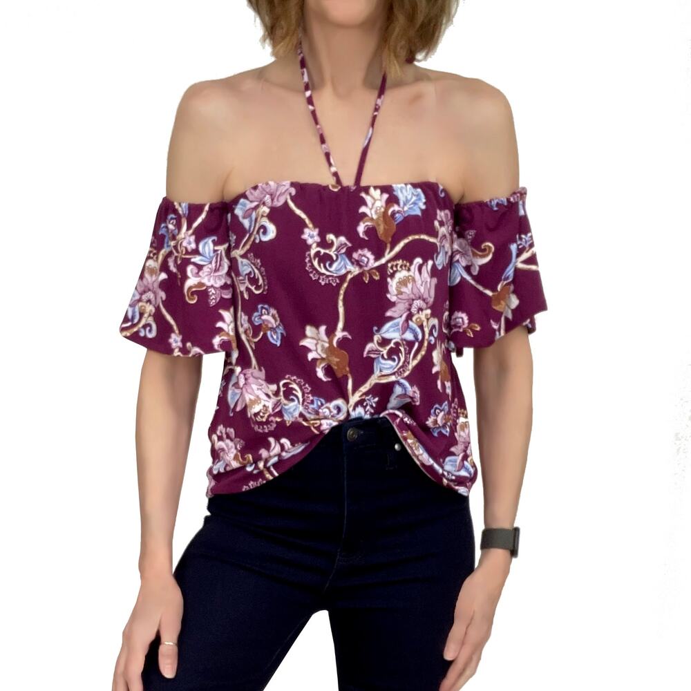 WHBM Off The Shoulder Floral Top Sz 0 New $88 Halter Strapless Blouse Gypsy Wine